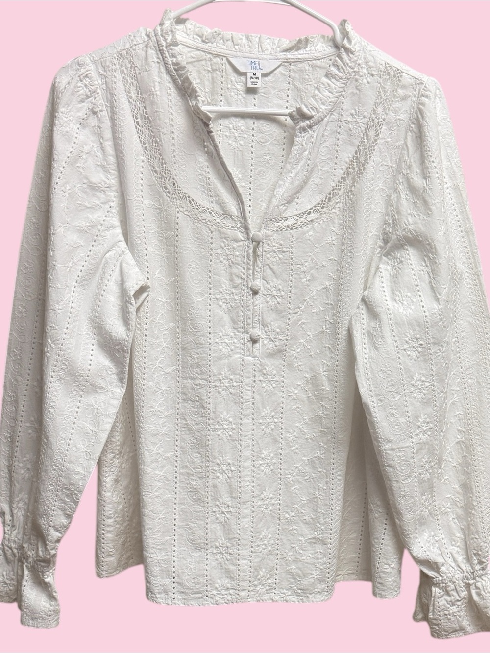 Time and Tru White Eyelet Embroidered Peasant Blouse Size M (8-10) Like New